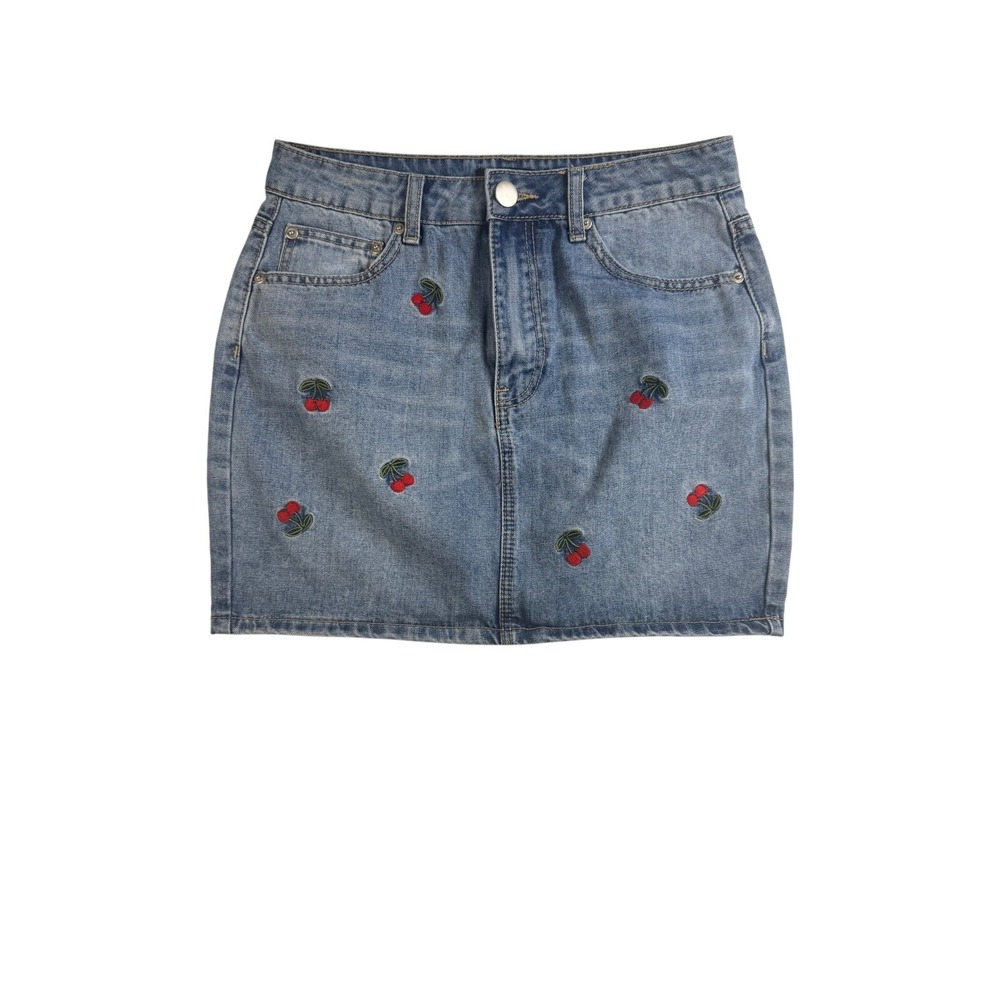 Forever 21 Denim Mini Skirt Cherries Embroidered Jean Skirt Women's Size‎ M